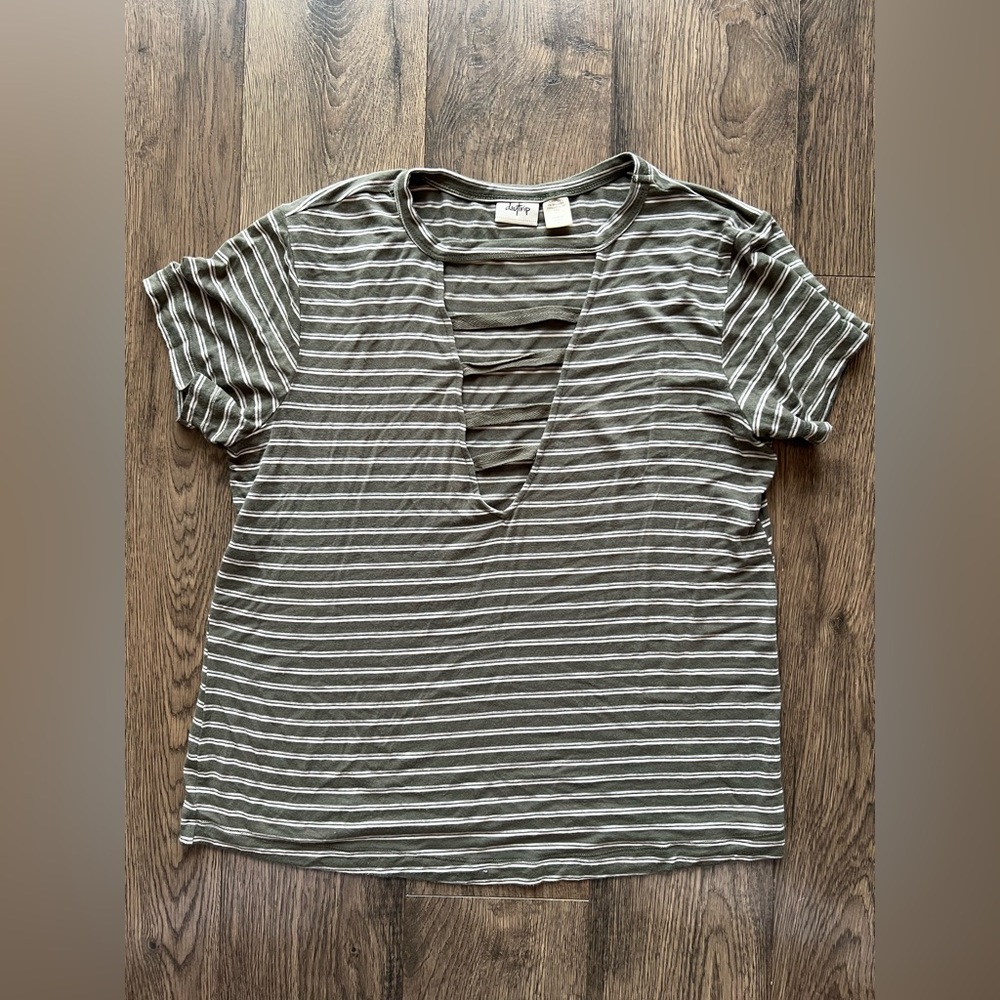 Women’s Short Sleeve T-Shirt - Green and Cream/White Striped with Low V Neck - S